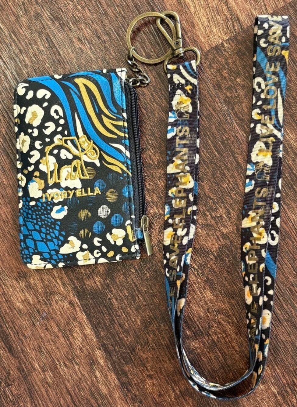 Ivory Ella Blue Gold Floral Lanyard ID Badge Card Holder Wallet Zip Pouch Womens